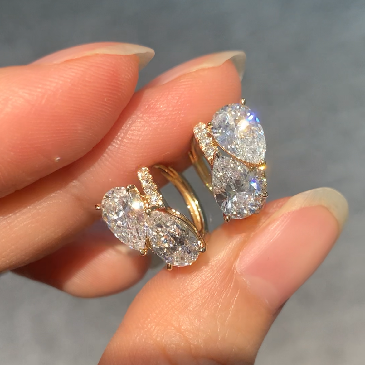 Double Pear Shape Lab Diamond Hoop Earrings with Half Pavé