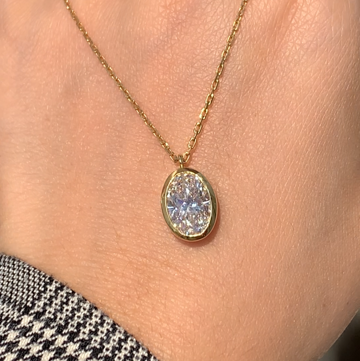 2-Carat Oval Diamond Bezel Pendant Necklace | 18K Yellow Gold