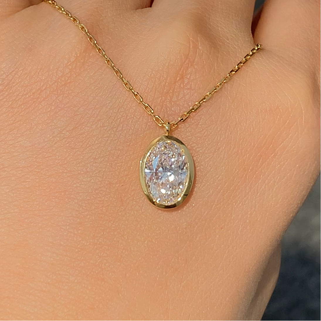 2-Carat Oval Diamond Bezel Pendant Necklace | 18K Yellow Gold